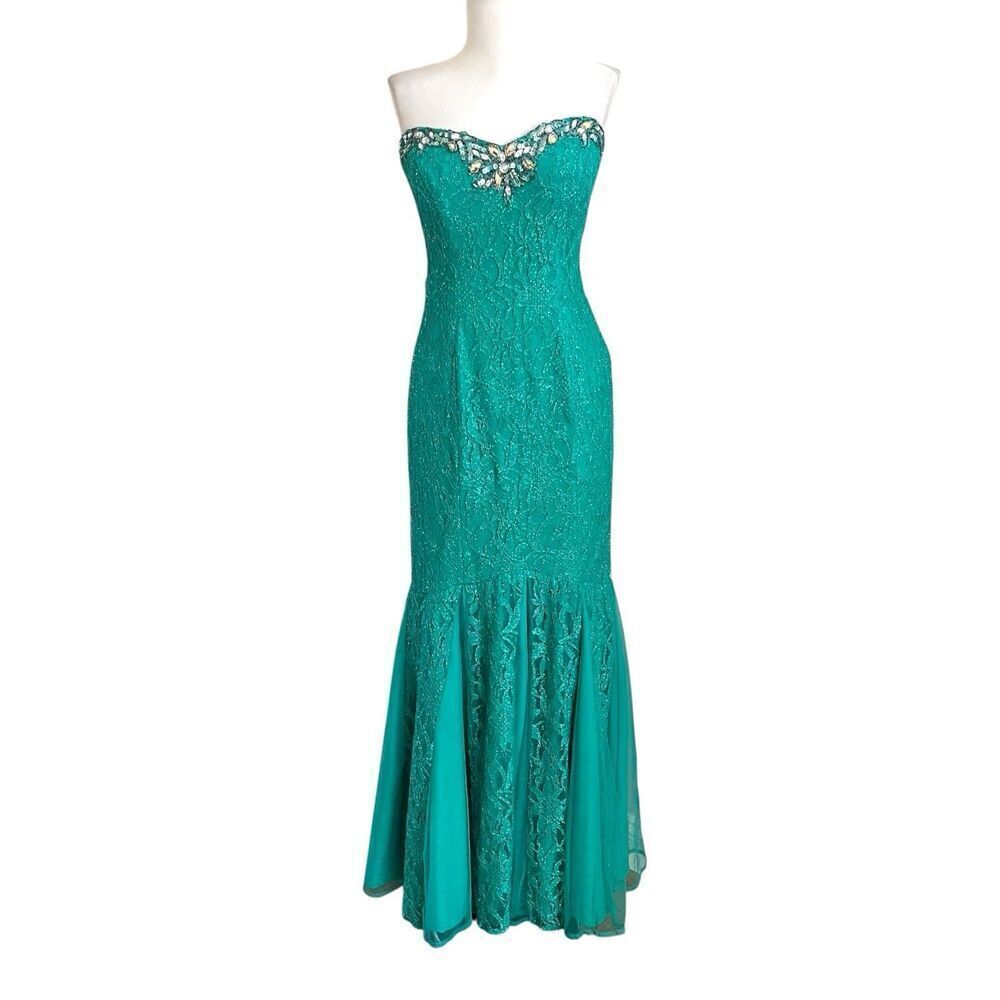 Vintage DEB Green Beaded Lace Prom Gown Sz 9 Small Mermaid Prom Strapless Y2K
